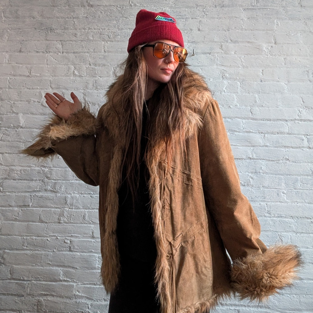 Vintage Leather Jacket Penny Lane Jacket Faux Fur Coat 70s Tapestry Trench Coat - Picture 4 of 16